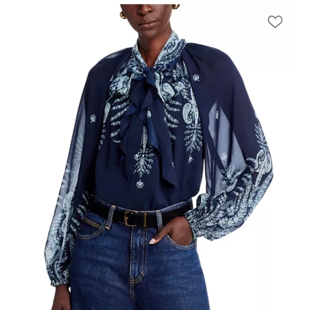 Kobi Halperin Shia Blouse NWT Navy Paisley Tie Neck Balloon Sleeve Designer Top